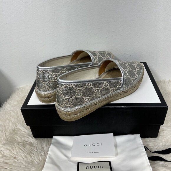 Gucci Espadrilles Heritage Logo Monogram Marmont GG Lame Silver Flat 38.5/39 - Picture 8 of 10